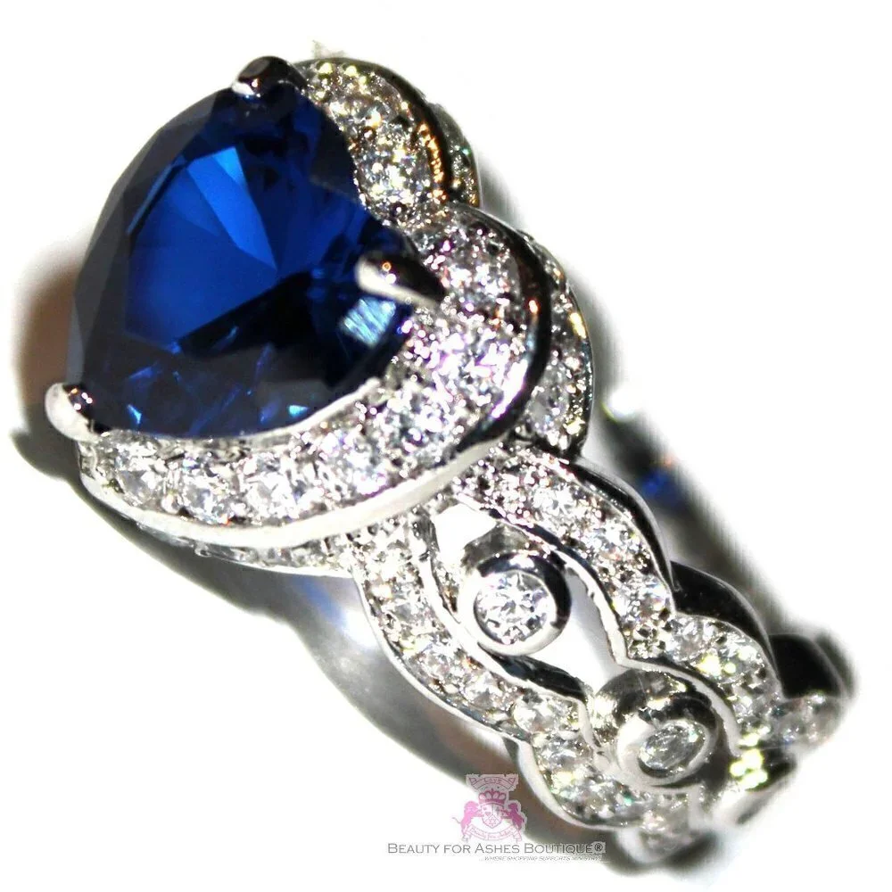 Heart for Jerusalem Deep Sapphire Blue Cz 18K White Gold Plated Cocktail Ring 7